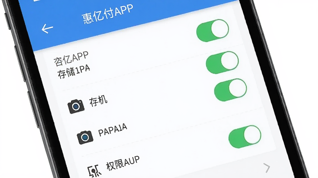 һ��չʾ���ڸ�APP��װ��Ȩ�����õ�ʾ��ͼ�������������ֻ���Ļ����Ļ����ʾȨ�����ý��棬�����洢�������Ȩ�޿��ء�����Ϊ�����б������Ϊ�����ƶ���UI��ƣ�ϸ�ڰ��������Ŀ��ذ�ť������˵�������ʸ��壬�����ɾ��޶���Ԫ�ء�