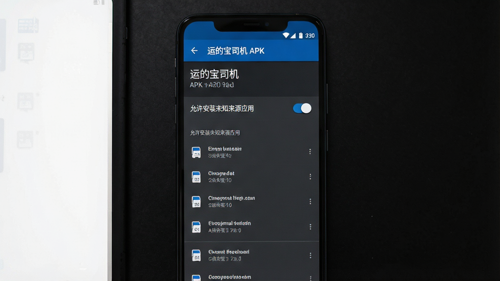 一张展示安卓手机安装“运的宝司机”APK文件时的权限设置界面图,画面主体为手机屏幕,屏幕上显示“允许安装未知来源应用”的开关按钮和权限列表。布局采用居中构图,手机放置在深色背景上。风格为系统界面截图风,细节上突出开关按钮和权限图标,色调以深灰和蓝色为主,画质清晰干净,无多余元素。