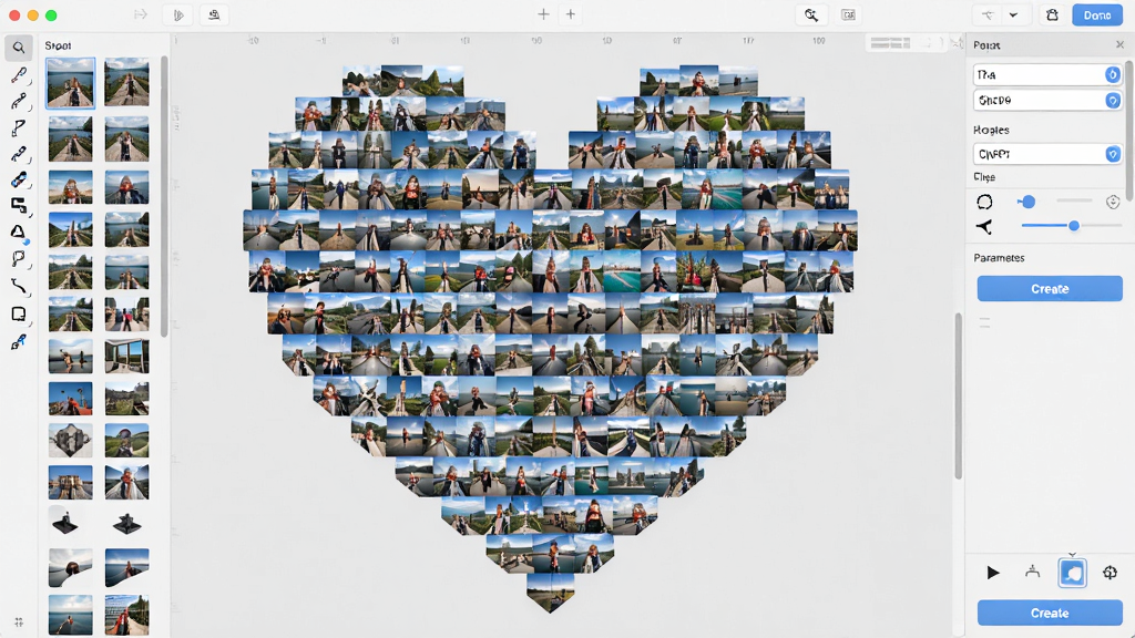 һ��չʾ Shape Collage ���������ȫ��ͼ������������һ����������������Ƭƴ�ɵľ޴�����ͼ������Ƭ���н����ұ�Ե����������Ϊ�ɾ���ǳ��ɫ��������������������������Ҳ��ǲ���������壬���Ϊ�ִ���ƽ�� UI ��ƣ�ϸ�ڰ�����Ƭ����ͼ����״ѡ�������˵��ʹ�����ť�����������������޶�������Ԫ��