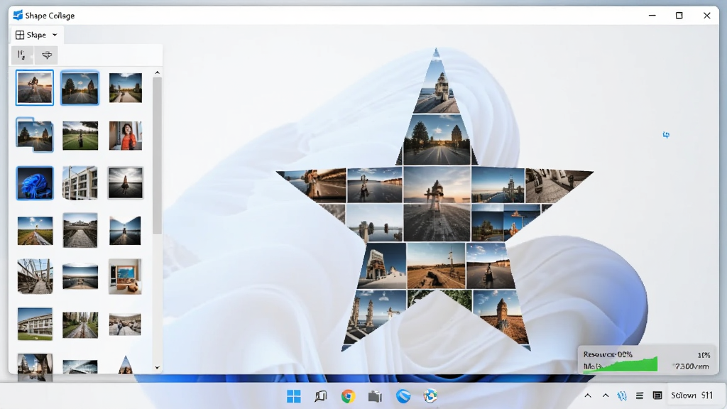 һ�ŵ��������ͼ��չʾ Shape Collage ������ Windows 11 ϵͳ�µ�����״̬�������������Ƭ�б����м����������ɵ�����Ƭƴ�ɵ��������״�����½���ϵͳ��Դռ����ʾ�������Ϊдʵ�Ƽ��磬ϸ�ڰ���������ͼ��ʹ�����Ӱ�������������޶���Ԫ��