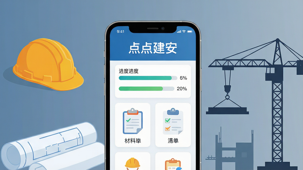 ��������չʾһ�������ֻ�����Ļ����ʾ�������س����빤�̹���Ӧ�ý��棬�����а�������㽨�������ֱ�ʶ�ͽ������������嵥��ͼ�ꡣ����Ϊ��������ɫ���䣬��������а�ȫñ��ͼֽԪ�أ��Ҳ���������Ӱ��������Ϊ��ƽ���Ƽ��в廭��ϸ��������ɫ�ʸɾ����������ʸ��壬�޶�������Ԫ�ء�