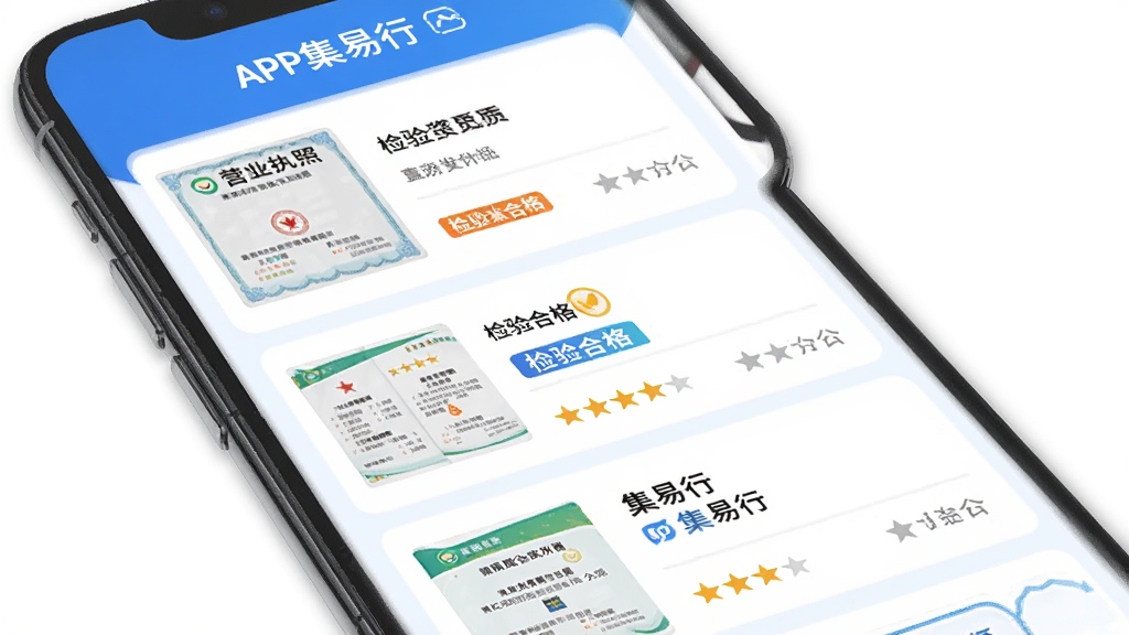 �����Ǽ�����APP�̼�����ҳ�棬����Ϊ�ֻ���Ļ��չʾ֤����Ƭ�б����Ű������������б������Ϊ���¿��ŵ�������ɫ��ϸ�ڰ���Ӫҵִ������ͼ������ϸ��ǩ�������Ǽ���������logo�������������ɾ����޶���Ԫ��