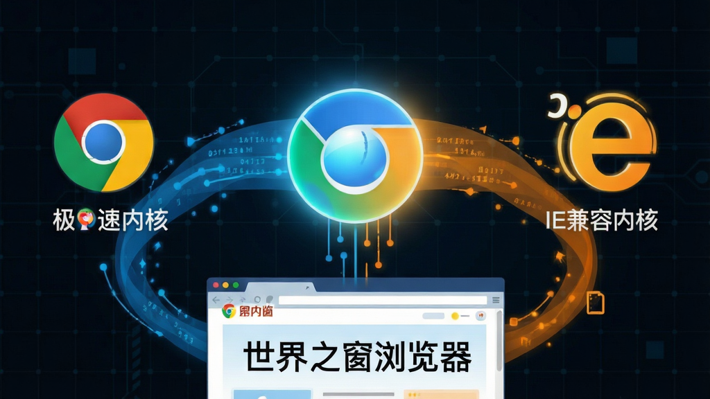 世界之窗浏览器双核引擎概念图,画面中央是一个发光的浏览器图标,左右两侧分别延伸出蓝色与橙色的数据流,蓝色代表Chrome极速内核,橙色代表IE兼容内核,数据流汇聚到下方的网页窗口上,窗口内显示“世界之窗浏览器”字样,背景是深色科技感网格,风格扁平化,画质干净,无多余元素。