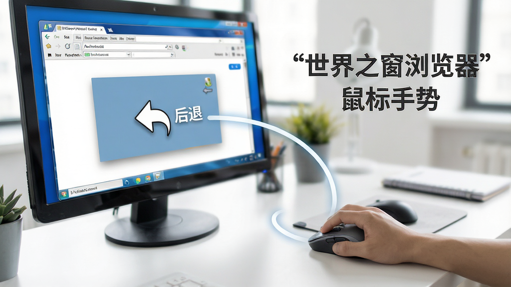 世界之窗浏览器鼠标手势操作示意图,画面展示一只手握着鼠标在桌面上划出弧线轨迹,屏幕上浏览器窗口随之响应显示“后退”箭头,旁边有浮动的轨迹提示线,背景是明亮的办公桌面环境,风格写实,画质清晰,图片中文字用引号标注“世界之窗浏览器”“鼠标手势”。