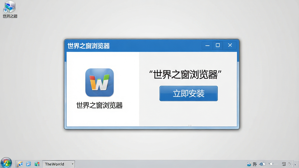 一张干净整洁的电脑桌面截图风格图片,画面中央显示世界之窗浏览器(TheWorld Browser)的安装启动界面,界面采用经典的蓝白配色,左侧列出软件图标和名称“世界之窗浏览器”,右侧是醒目的“立即安装”按钮,背景是简洁的浅灰色渐变,整体风格商务简约,画质清晰,无多余元素,图片中文字用引号标注“世界之窗浏览器”“立即安装”。
