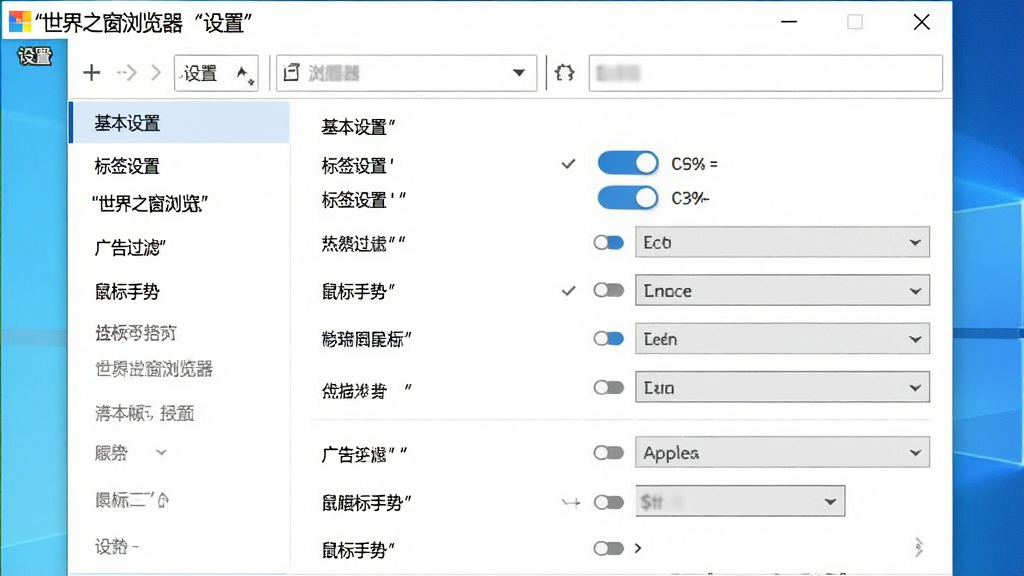 世界之窗浏览器在Windows电脑上的设置界面截图,画面展示浏览器选项窗口,左侧为菜单栏包括“基本设置”“标签设置”“广告过滤”“鼠标手势”等选项,右侧显示具体的设置项开关和下拉框,界面风格简洁清晰,背景为纯白色,画质干净,图片中文字用引号标注“世界之窗浏览器”“设置”。