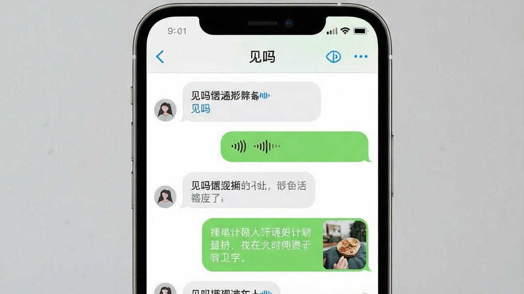 一张展示即时通讯功能的界面截图,画面主体是手机屏幕,屏幕上显示“见吗”应用的聊天窗口,包含文字气泡、语音条和图片消息,布局为上下排列的消息流,风格简洁现代,细节清晰,画质高清,干净无多余元素