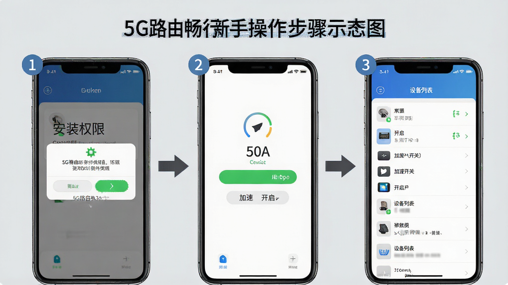 һ��չʾ5G·�ɳ������ֲ��������ʾ��ͼ������Ϊ�ֻ���Ļ�ֲ���ͼ��������װȨ�޵��������ٿ��ؿ������豸�б��鿴��������������Ϊǳ��ɫ�����Ϊ�̳�ͼ�⣬ϸ�ڰ���������š���ͷָ����������ע�����ʸ��壬�ɾ����޶���Ԫ��