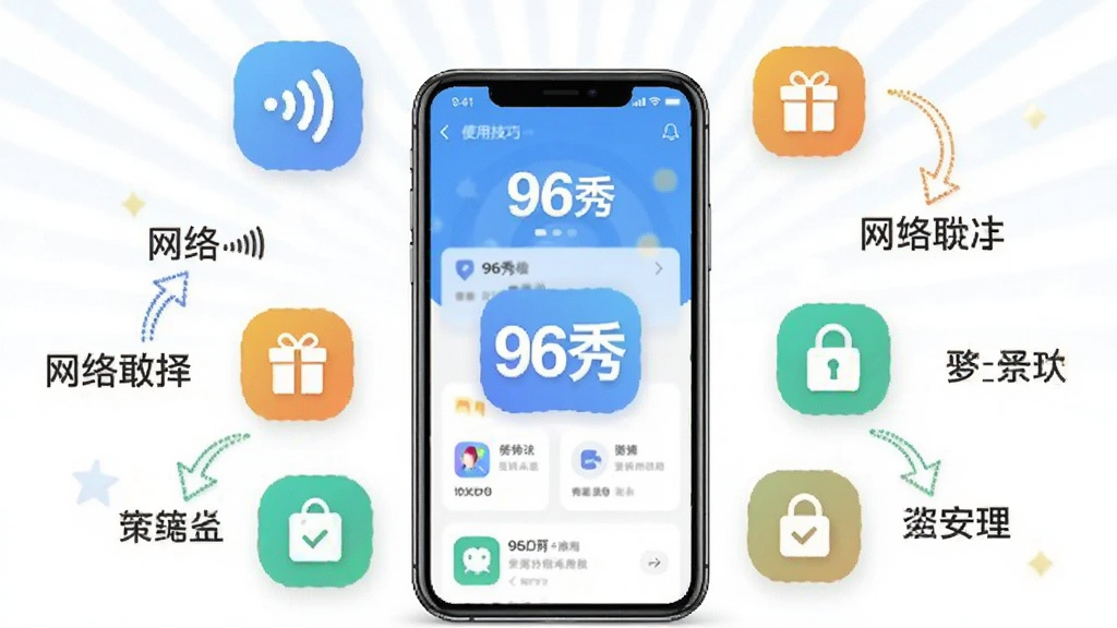 一张展示“96秀”应用使用技巧的示意图,画面以手机界面为背景,周围漂浮着提示图标和文字标签,布局采用环绕式排列,风格简洁明快,细节上突出网络信号、礼物图标和安全锁等元素,画质高清,画面干净,无多余元素。