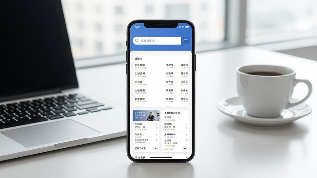 ��ҵ��Ϣ��ѯAPP������չʾ������������һ�������ֻ�����Ļ��ʾ��ҵ��Ϣ��ѯ������ҳ���Ϸ����������·���������ҵ�����б��͹�����Ϣ��Ƭ�������Ǹɾ�����İ칫���棬�Ա߷��űʼǱ����ԺͿ��ȱ����������Լ���񣬻��������ɾ����޶���Ԫ��