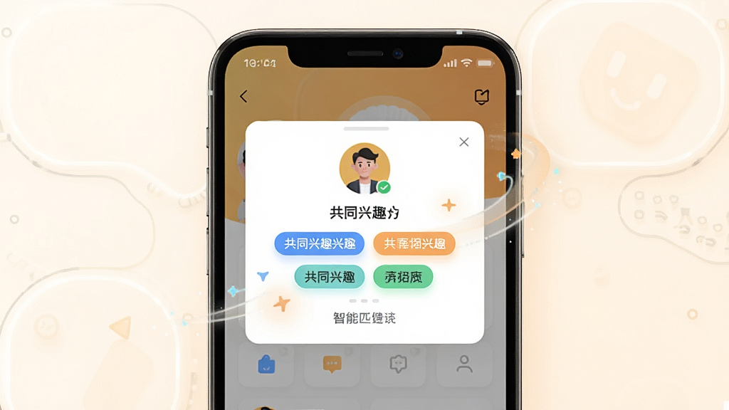 һ��չʾ����Ȥ��APP����ƥ�书�ܵĽ���ͼ������Ϊ�ֻ���Ļ����Ļ����ʾƥ��ɹ��ĵ��������������û�ͷ��͹�ͬ��Ȥ��ǩ������Ϊ���п�Ƭʽ���Ű��࣬���Ƽ�������ܰ�н�ϣ�ϸ����ͻ����ǩ�ĸ�����ƥ�䶯��Ч���������������ɾ����޶���Ԫ��