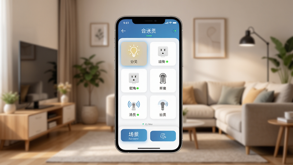 �������ܼҾ�APP������չʾͼ������������һ�������ֻ�����Ļ����ʾ����Ӧ�õĿ�����壬������еƹ⡢���������������豸ͼ���������У���������ܰ���ִ��������������岼�ּ�����������Ϊдʵ�Ƽ��磬ϸ�ڰ����豸״ָ̬ʾ�ƺͳ�����ݰ�ť�����ʸ��壬�ɾ����޶���Ԫ��