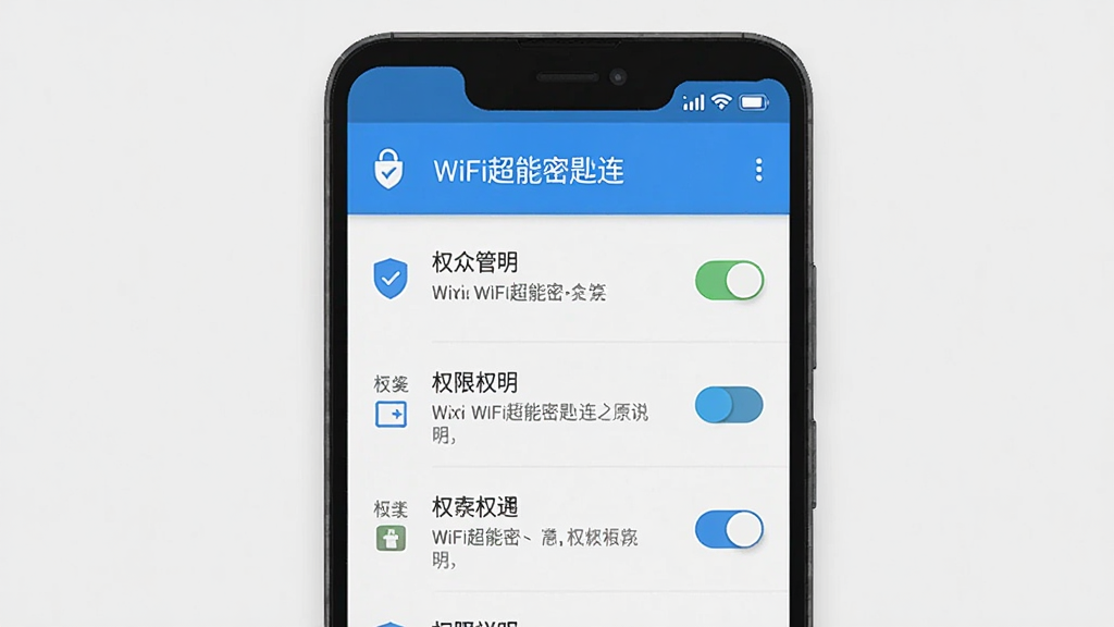 ��������Ϊһ����׿�ֻ�����Ļ��ʾ��WiFi�����ܳ�������Ȩ�޹���ҳ�棬ҳ�����п��ذ�ť��Ȩ��˵�����֣����ֲ����б�ʽ���Ű��࣬���Ϊ�����ƽ����ϸ�ڰ�������ͼ�ꡢ���ؿؼ�������˵�������ʸ��壬�ɾ����޶���Ԫ�ء�