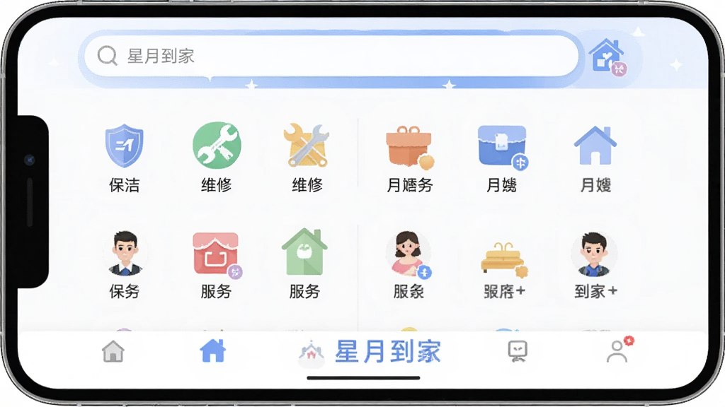 ���������µ���APP����ҳ���棬���ֲ����ֻ���Ļչʾ���Ű�Ϊ�������������в��������ͼ�ꡢ�ײ������������Ϊ�ִ���Լ��ƽ����ϸ�ڰ������ࡢά�ޡ���ɩ�ȷ���ͼ��ͼ�ʦͷ�񣬻����д������֡����µ��ҡ��͡�רҵ���ҷ��񡱣�����Ϊ���壬�ɾ����޶���Ԫ�ء�