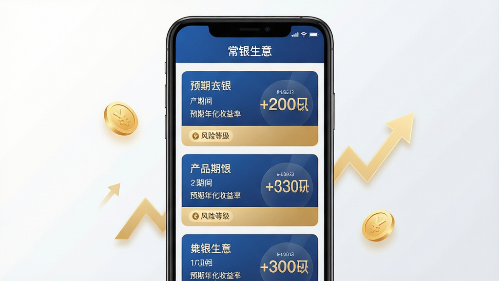 ��������Ͷ�����ƹ���չʾͼ����������Ϊ�ֻ���Ļ����ʾ��������APP�����Ʋ�Ʒ�б�ҳ�棬������Ʋ�Ʒ��Ƭ�������У�ÿ����Ƭչʾ��Ʒ���ơ����ޡ�Ԥ���껯����������յȼ���ǩ����Ƭ��ɫ����ɫ���ɫΪ����ͻ���������֡�����Ϊ���İ�ɫ��ǳ�ҽ��䣬�ֻ���Χ��΢С�Ľ�ɫӲ������������ͼ���׺�����ֲ�������չʾ�ֻ���Ļ���Ű�ͻ�����Ʋ�Ʒ�Ĺؼ���Ϣ�����Ϊ�߶˽������Ʒ磬ϸ����ǿ�����������ֵ��Ӿ����㣬���ʸ��壬�ɾ��޶���Ԫ�أ���Ļ�����ɼ����������⡱���֡�
