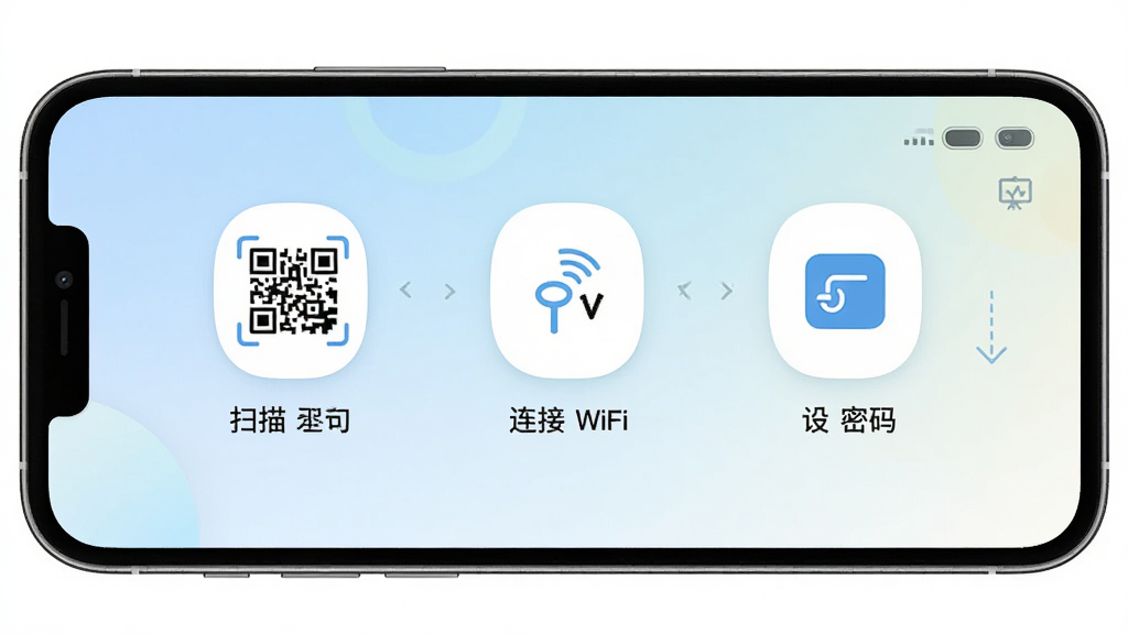 ������APP�����������棬�ֻ���Ļ��ʾ�����豸����ͼʾ������ɨ���ά�롢����WiFi������������������ͼ�꣬����Ϊǳɫ���䣬��������죬����������ϸ�ڷḻ�����ʸ��壬�ɾ����޶���Ԫ��