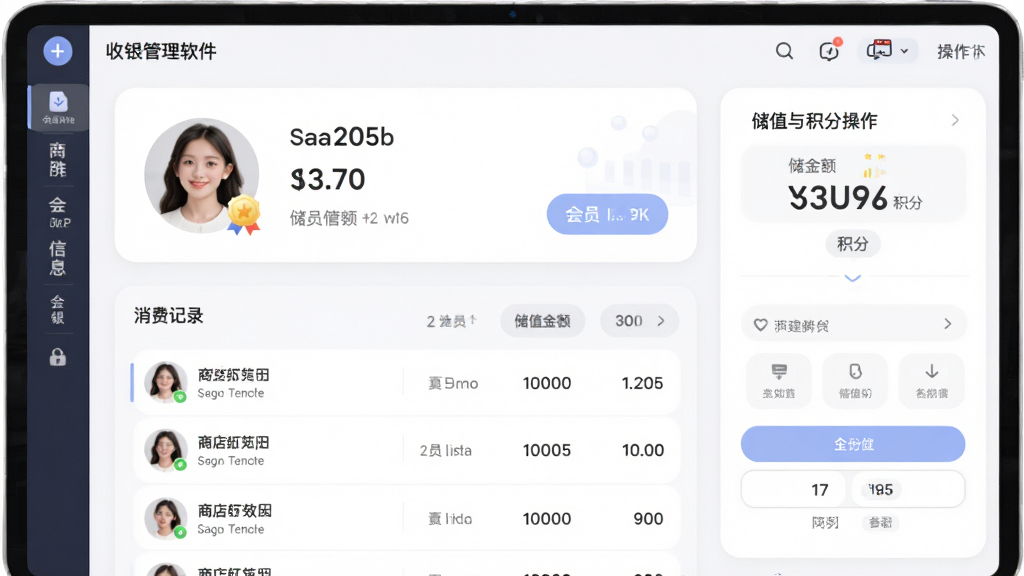 主体为商店管家餐饮收银管理软件的会员管理界面,布局为上方会员信息卡、下方消费记录列表、右侧储值与积分操作区,排版清晰,风格为柔和圆角卡片风,细节包含会员头像、等级徽章、储值金额、积分数字,画质高清,画面干净,无多余元素