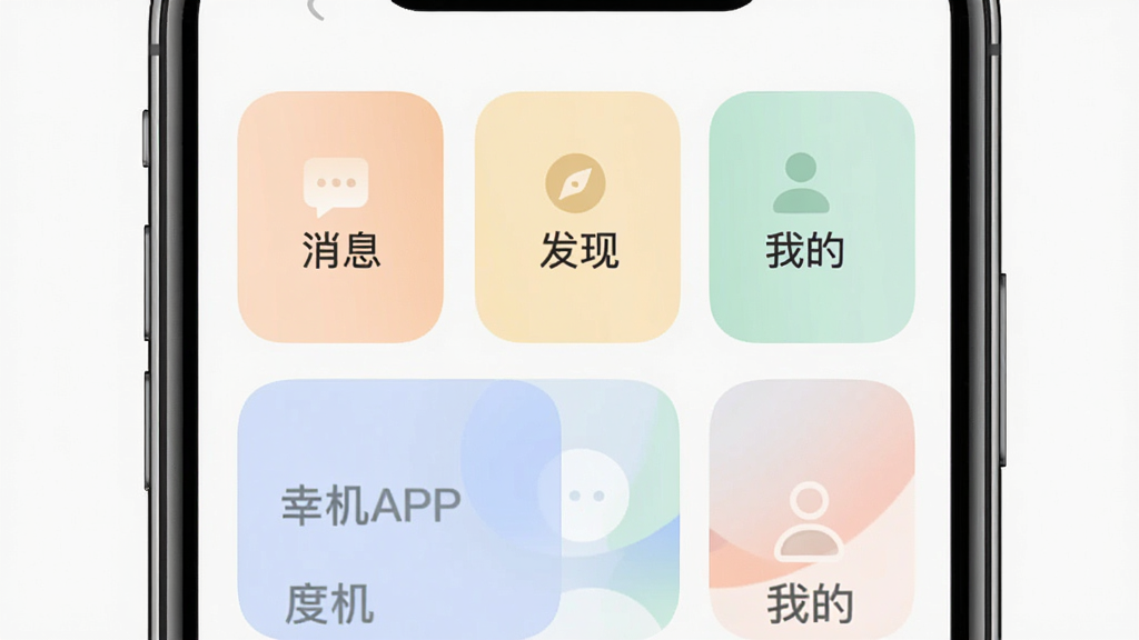 �һ�APP����չʾͼ��������һ���ֻ���ʾ������ܿ�Ƭ����Ƭ�Ϸֱ��ע����Ϣ�������֡����ҵġ�����������ƬԲ����ƣ���ɫ��ͣ������ɾ���࣬������ͳһ�������������޶���Ԫ��