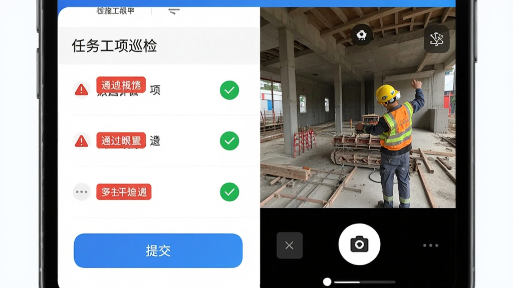 ������ʩ����APPѲ�������д������Ϊ�ֻ�����չʾ������б������հ�ť���Ű����Ϊ�����嵥�Ҳ�Ϊ�ֳ���Ƭ�����Ϊ�ִ���ԼUI��ƣ�ϸ�ڰ�����ɫ��ʾ��ǩ����ɫͨ����ʶ����ɫ�ύ��ť�����ʸ��壬�ɾ����޶���Ԫ��