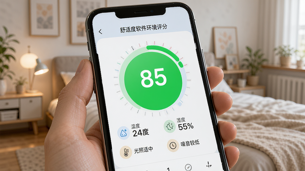 ���ʶ�������������ҳ�棬�ֻ���Ļ������ʾһ�����Բ�����ֱ�������Ϊ85�֣���ɫ�������·��г��¶�24�ȡ�ʪ��55%���������С������ϵ��������ݣ���������ˬ�����ʸɾ���ͻ�����ʶ���������