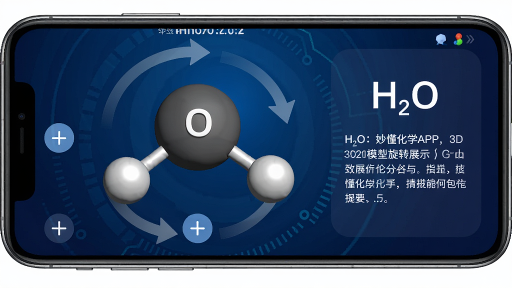���ѧAPP��3D����ģ����תչʾ���棬�ֻ���Ļ������һ���Ŵ��ˮ�������ģ�ͣ���Χ����ת��ͷ�����Ű�ť����Ļ�Ҳ���ʾ����ʽHO�ͽ������֣�����������ɫ�Ƽ��н��䣬���廭��ɾ�����������ϸ��