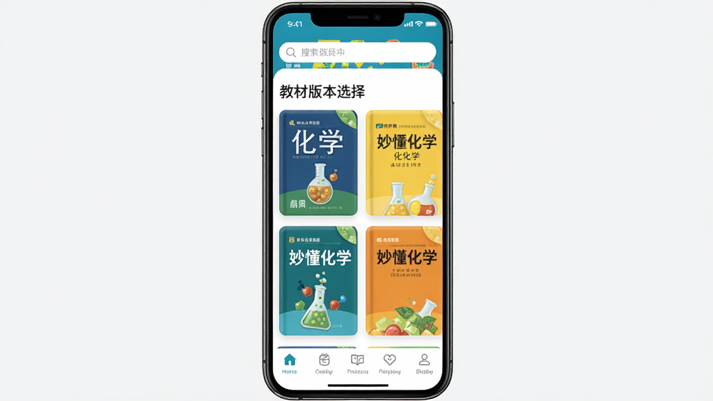 ���ѧAPP�ƶ��˲��������ͼ���ֻ���Ļ��ʾ�̲İ汾ѡ��ҳ�棬�ж����ɫ��Ƭ������ͬ������Ļ�ѧ�̲ģ�ҳ�涥���������򣬵ײ��е����������岼������������࣬���ʸ���ɾ�