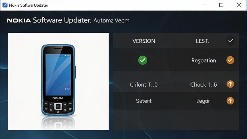 һ��չʾ Nokia Software Updater �Զ�����ֻ��̼��汾��ͼƬ�������ǵ�����Ļ�ϵ��������棬����Ϊ�����ʾ�����ӵ�ŵ�����ֻ�ͼ�꣬�Ҳ���ʾ��ǰ�汾�����°汾�Ա��б����Ű�Ϊ���½ṹ�����Ϊ�ִ�����UI��ϸ�ڰ�����ɫ�Թ���ʾ�������¡���ɫ��ͷ��ʾ�ɸ��£����ʸ��壬�ɾ����޶���Ԫ�ء�