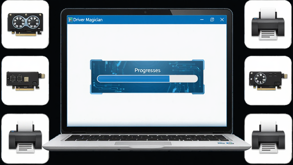 Driver Magician ����������չʾ��һ̨�ʼǱ�������Χ�������Կ�����������������ӡ����Ӳ��ͼ�꣬����������ʾ�������ݽ���������ɫ�Ƽ���񣬲��ּ�����������ʸ��壬�ɾ��޶���Ԫ��