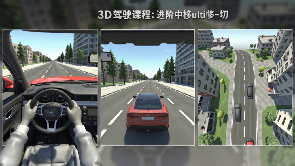 һ��չʾ3D��ʻ�γ̣������ж��ӽ��л����ܵ�ͼƬ������Ϊͬһ������������ͬ�ӽǵĻ��л����֣��Ű��ϲ���չʾ��ʻ�ӽǡ������ӽ��븩���ӽǣ����Ϊдʵ3D��Ⱦ��ϸ�ڰ�����������·����Χ�����������������ɾ��޶���Ԫ��