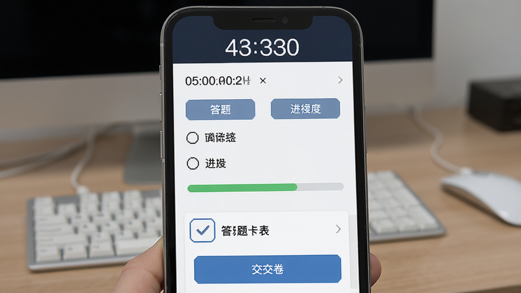 �����Ǽ�������������ģ�⿼�Խ��棬����Ϊ�ֻ���Ļչʾ���Ű�Ϊ��������ʱ�·���������ײ����⿨�����Ϊ���࿼�Է磬ϸ��Ϊ��ʱ����ѡ�ť����������������ť�����ʸ��塢�ɾ����޶���Ԫ��