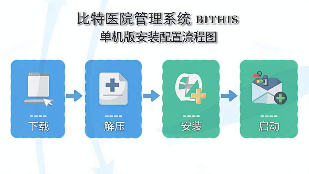 ����ҽԺ����ϵͳ BITHIS�����氲װ��������ͼ�������Բ���ͼ��ʽչʾ�����ء���ѹ����װ���������������̣�ÿ���������м��ͼ�������˵�������Ϊ��ƽ����Ϣͼ����ɫ��ˬ����������