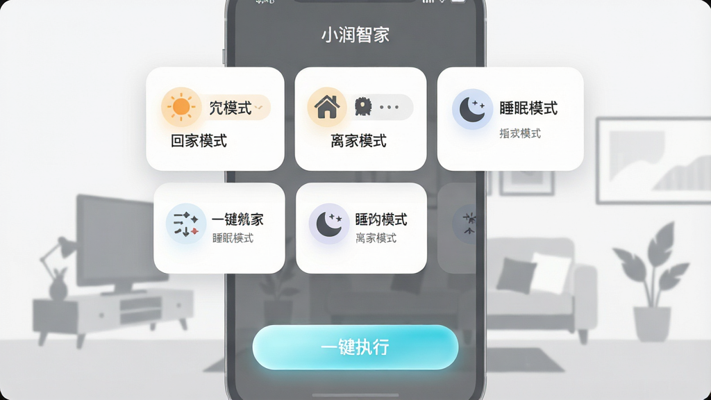 ����չʾ��С���Ǽҡ�APP�ĳ������ý��棬��������ʾ���ؼ�ģʽ�������ģʽ����˯��ģʽ���ȳ�����Ƭ��ÿ�ſ�Ƭ���ж�Ӧ��ͼ��ͼ������˵���������·��С�һ��ִ�С���ť������Ϊ��Լ�ļҾӻ�����Ӱ�����ֲ������½ṹ���Ϸ�Ϊ������Ƭ�������У��·�Ϊ������ť���Ű���������ƬԲ����ƣ����Ϊ�ִ���Լ��ƽ�磻ϸ���ϰ�ť����΢��Ч����ͼ��������ࣻ���ʸ��壬�ɾ�������Ԫ�ء�