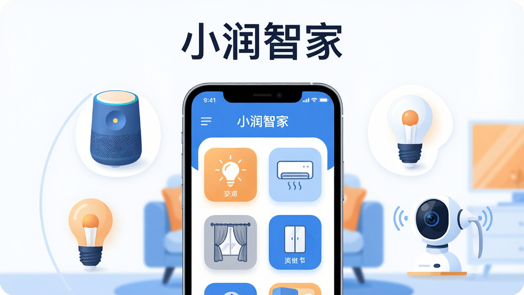 ��������չʾһ�������ֻ����ֻ���Ļ����ʾ��С���Ǽҡ�APP�����ܼҾӿ��ƽ��棬�����а����ƹ⡢�յ����������豸ͼ�ꣻ�ֻ���Χ�����ſ��������е������豸�����������䡢���ܵ��ݡ���������ͷ�����ֲ������ĶԳ�ʽ���ֻ�λ�������룬�豸�ʻ������У��Ű����������Ϸ����״�д�С�С���Ǽҡ��ĸ��֣����Ϊ�ִ��Ƽ��б�ƽ�廭�磻ϸ�����ֻ����水ťԲ���豸����������ɫ��������Ϊ������ůɫ��׺�����ʸ��壬�ɾ��������޶���Ԫ�ء�