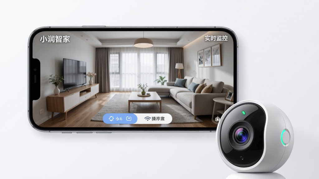 ��������Ϊһ���ֻ�������ʾ��С���Ǽҡ�APP�ļ�ػ��棬�����г��ּ�ͥ������ʵʱ��Ƶ����Ƶ�����С�ʵʱ��ء��������ֻ��Ա߷���һ����������ͷ�豸�����ֲ����ֻ����У�����ͷλ���ֻ����·����Ű��ϼ�ػ���ռ���ֻ���Ļ��Ҫ�����·��в�����ť�����Ϊ�Ƽ���дʵ�磻ϸ���ϼ�ػ�������������ͷָʾ�����𣻻��ʸ��壬�ɾ����䣬�޶���Ԫ�ء�