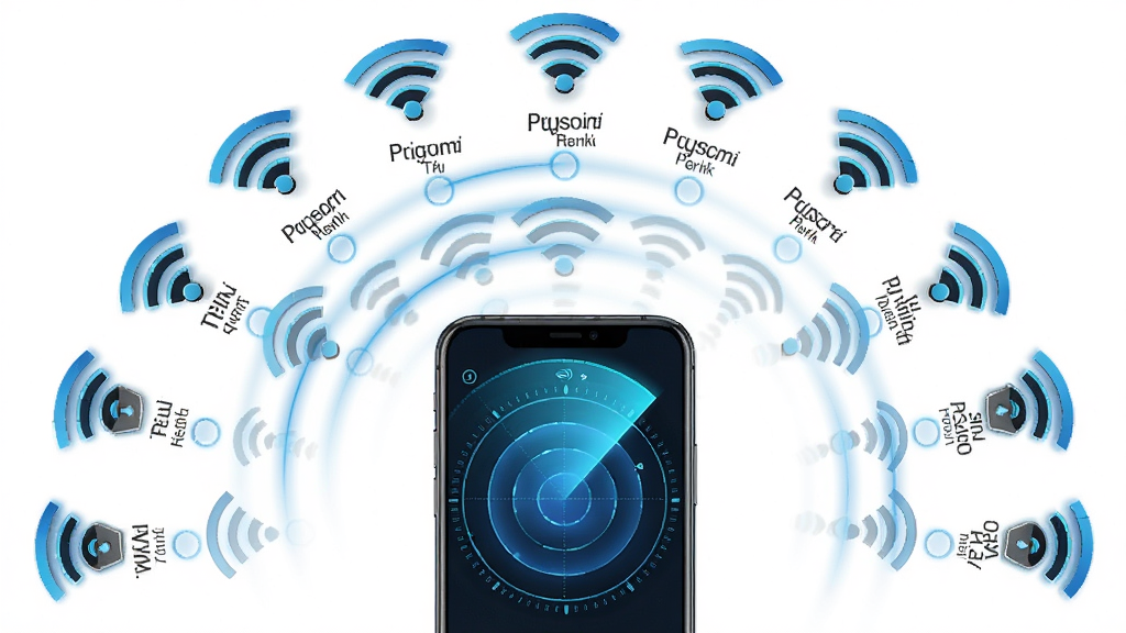 һ������WiFiԿ�׾�������ɨ��WiFi�ȵ�ĳ���ͼ���������ֻ���Ļ�ж�̬�״�ɨ���������Χ���ֵĶ��WiFi�ź�ͼ�꣬���ֲ��ø��ӽǶ�չʾ�ֻ�������ɢ�����źŽڵ㣬�Ű����ֻ�λ�ڻ����·����ģ��ź�ͼ��ʰ�Բ����ɢ���У����Ϊ�������еĿƼ��廭�磬ϸ�����״ﲨ������ɫ������֣�WiFiͼ�������ɼ��Ҵ������Ʊ�ǩ�����ʸ��壬����ɾ��޶���Ԫ��