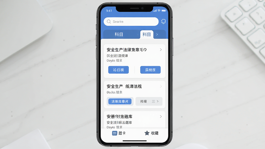 注册安全工程师华云题库软件主界面展示,手机屏幕中显示安全生产法律法规章节练习列表,界面排版整洁,顶部有搜索框和科目切换标签,中间是题目卡片和选项按钮,底部有答题卡和收藏功能,风格为现代扁平化教育类APP设计,画质清晰,干净无多余元素