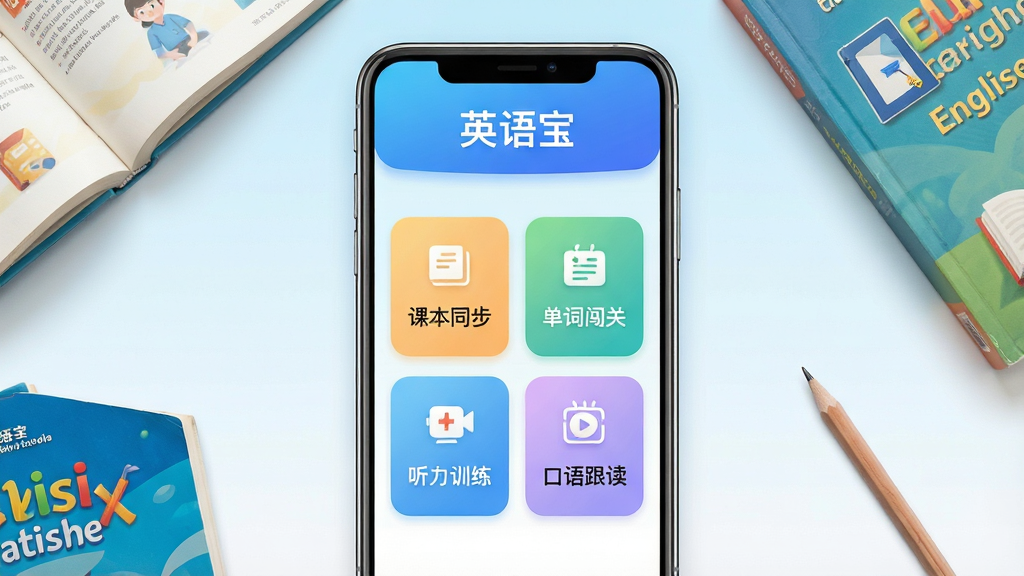 一张展示英语宝手机应用界面的场景图,画面中央是一部竖屏智能手机,屏幕内显示英语宝APP首页,顶部有蓝色渐变标题栏写着英语宝,下方排列课本同步、单词闯关、听力训练、口语跟读四个功能卡片,卡片采用圆角设计,配色清新,背景为浅蓝色到白色的柔和渐变,手机周围散落着几本英语课本和一支铅笔,整体风格简洁明快,画质清晰干净,无多余元素