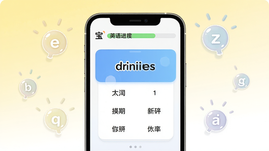 一张英语宝单词记忆功能界面图,画面中央手机屏幕显示英语宝单词卡片学习页面,卡片上有一个英文单词和四个中文选项,屏幕顶部有英语宝进度条,背景是淡黄色到白色的渐变,周围漂浮着几个字母气泡,风格活泼简洁,画质清晰干净,无多余元素