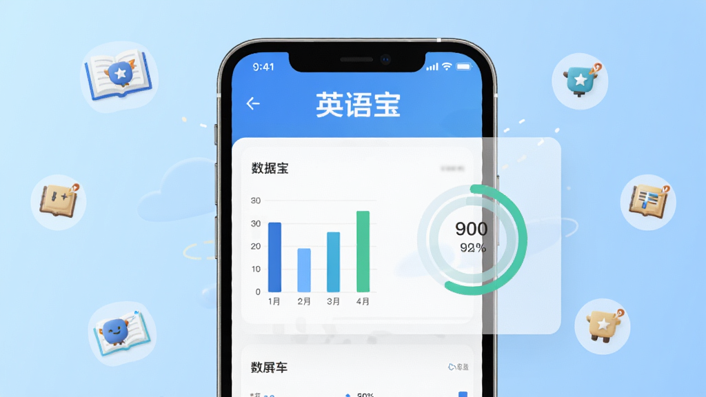 一张英语宝学习数据统计页面展示图,画面中央手机屏幕显示英语宝数据看板,包含柱状图和环形进度条,屏幕上方有英语宝标题,背景是浅蓝色渐变,周围有少量学习图标点缀,风格现代简约,画质清晰干净,无多余元素