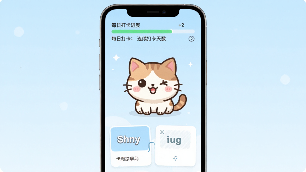 ���䵥�ʴ� �ֻ�Ӧ���������ͼ������������һֻ�ɰ��Ŀ�ͨè����������û������ʣ���������͵�ǳ��ɫ���䣬��Ļ�Ϸ���ʾÿ�մ򿨽��������������������·��ǵ��ʿ�Ƭ������ѡ����������»��ã�UI��Ƽ�����죬���ʸ��壬�ɾ��޶���Ԫ��