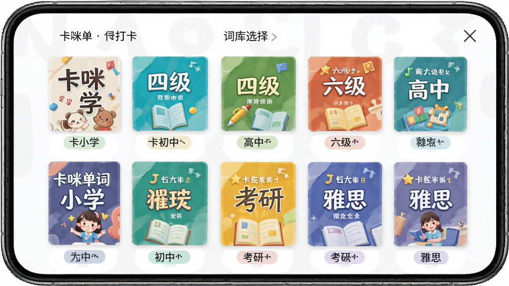 ���䵥�ʴ� �ʿ�ѡ����棬�ֻ���Ļչʾ�����������������У�����Сѧ�����С����С��ļ������������С���˼�ȱ�ǩ�������Ǹɾ��İ�ɫ��ǳ��ɫ���䣬�������ɫ�ʷḻ����г�������Ű����������ʸ��壬�ɾ��޶���Ԫ��