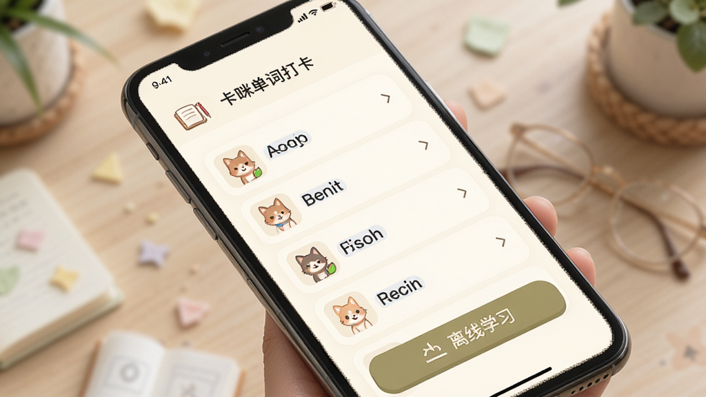 ���䵥�ʴ� ����ѧϰģʽ���棬�ֻ���Ļ��ʾ�����صĵ����б�������ѧϰ��ť����������͵��װ�ɫ������Ԫ�ز��ֺ�����ͼ����ƾ��£�������������Ȼ�����ʸ��壬�ɾ��޶���Ԫ��