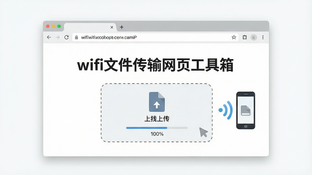 一张展示浏览器界面文件传输的图片,画面主体是一个电脑浏览器窗口,地址栏显示着本地IP地址,页面中央有一个醒目的“wifi文件传输网页工具箱”标题和文件拖拽上传区域,旁边有一个手机图标通过WiFi信号与电脑相连。布局采用居中构图,浏览器窗口占据画面大部分。风格为现代简洁的UI展示图,细节包括拖拽区域的虚线边框和上传进度百分比,画质清晰,背景干净无多余元素。