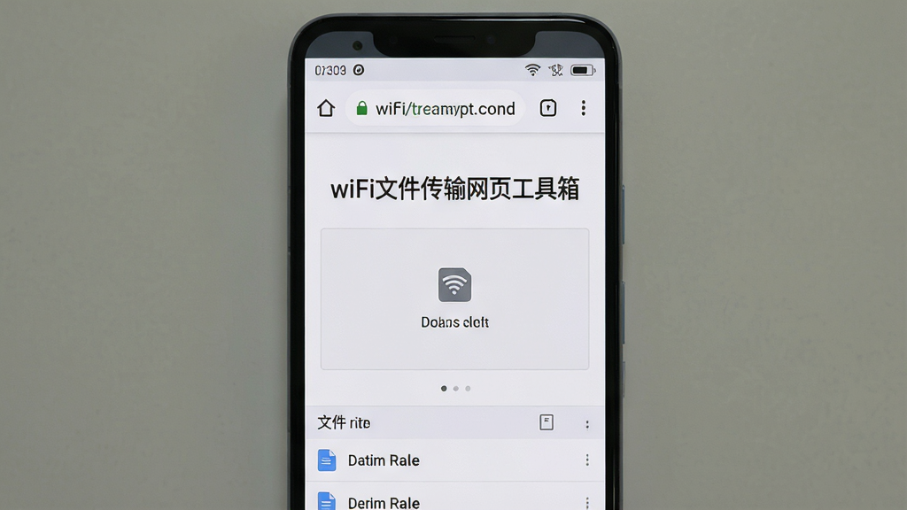 一张展示手机浏览器访问wifi文件传输网页工具箱的界面截图,画面主体是一部安卓手机,屏幕上显示着浏览器地址栏和文件上传页面,页面中央有“wifi文件传输网页工具箱”的标题和拖拽上传区域,底部有文件列表。布局采用竖屏手机界面展示,手机居中。风格为写实UI截图风格,细节包括手机状态栏的信号图标和电池图标,画质清晰,背景干净无多余元素。