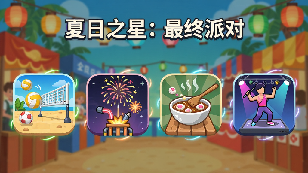 ����չʾ������֮�ǣ������ɶԡ�С��Ϸ�ϼ�����������Ϊ�ĸ����ŵ�������Ϸͼ�꣬�ֱ����ɳ̲�����̻�������������ƴ�ͽ����赸�����ֲ����������У����������ռ����̯λ����������Ϊ��ƽ����ͨͼ����ƣ�ϸ�ڰ���ÿ��ͼ��Ķ�̬СԪ�غͲ�ɫ��Ч�����ʸ��壬�ɾ����޶���Ԫ��