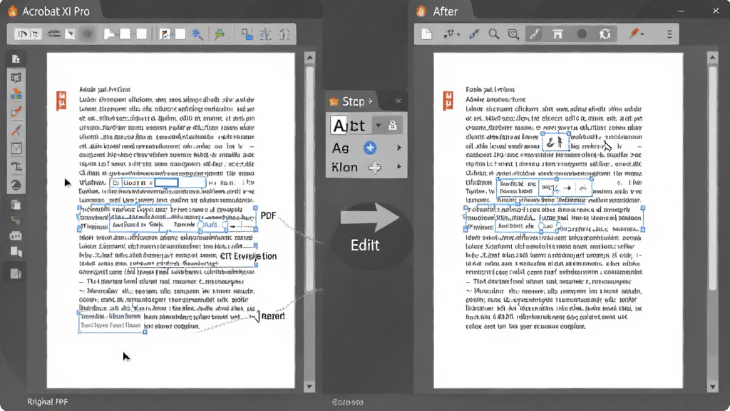 һ��չʾ Adobe Acrobat XI Pro �༭���ܵ�ʾ��ͼ������Ϊһ�ݴ򿪵� PDF �ĵ��������������ʾԭʼ�ı����䣬�Ҳ���ʾ�޸ĺ���ı����䣬�м��ü�ͷ���ӱ�ʾ�༭���̣��Ű��࣬���Ϊ��ƽ��������ѧ��ͼ��ϸ�ڰ�����ꡢ�ı������������壻�����������ɾ����޶���Ԫ�ء�