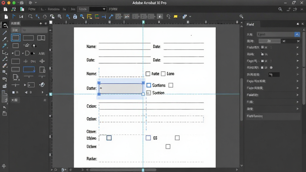 һ��չʾ Adobe Acrobat XI Pro �������ܵĽ���ͼ������Ϊһ�ݵ��ӱ����༭���棬����������Ǳ����ֶι������������Ǳ���Ԥ������ʾ���������ڡ�ѡ�����ֶΣ��Ҳ����ֶ�������壻�Ű���������Ϊ�����������棬ϸ�ڰ�������ѡ�еı����򡢶��븨���ߣ������������ɾ����޶���Ԫ�ء�