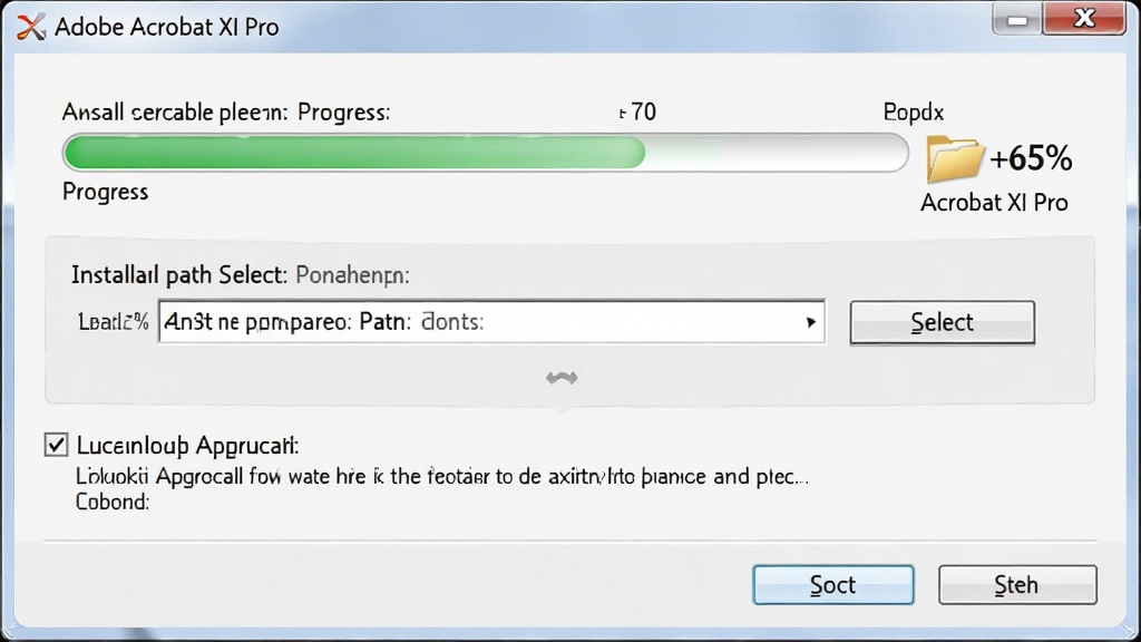 һ��չʾ Adobe Acrobat XI Pro �� Windows ϵͳ�а�װ���Ƚ����ʾ��ͼ������Ϊ��װ�򵼴��ڣ������������ǽ������Ͱ�װ·��ѡ����·�������Э�鹴ѡ��Ű��࣬���Ϊ����������װ���棬ϸ�ڰ������Ȱٷֱȡ��ļ���ͼ�ꡢ��ť�����������������ɾ����޶���Ԫ�ء�