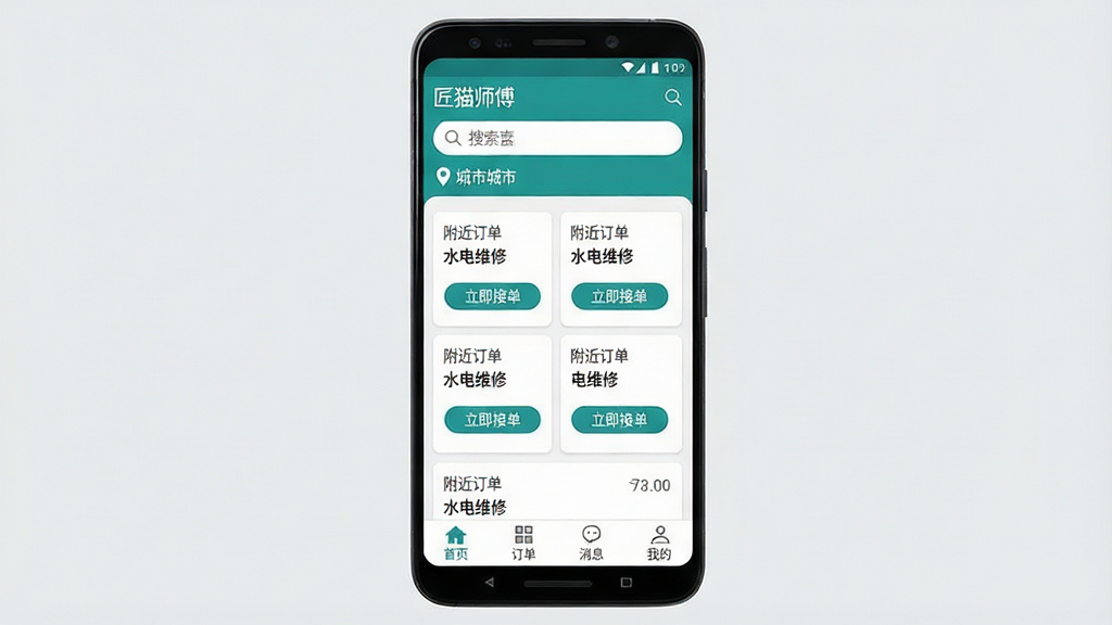 一张手机应用界面展示图,画面中央是一部竖屏安卓手机,手机屏幕上显示