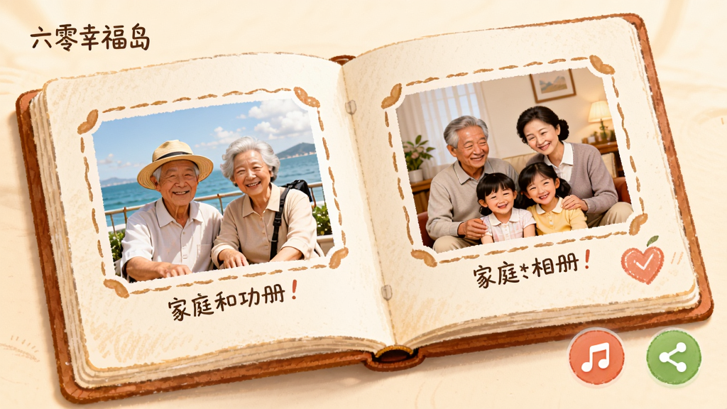 չʾ�������Ҹ�������ͥ��Ṧ�ܽ��棬��������һ�������ĵ�����ᣬ�������������κͼ�ͥ�ۻ����Ƭ���Ա������ֲ��Ű�ť�ͷ���ͼ�ꡣ���Ϊ��ܰ�ֻ�磬ϸ�ڰ�����Ƭ�߿������˵�������ʸ��壬������ů�ɾ���